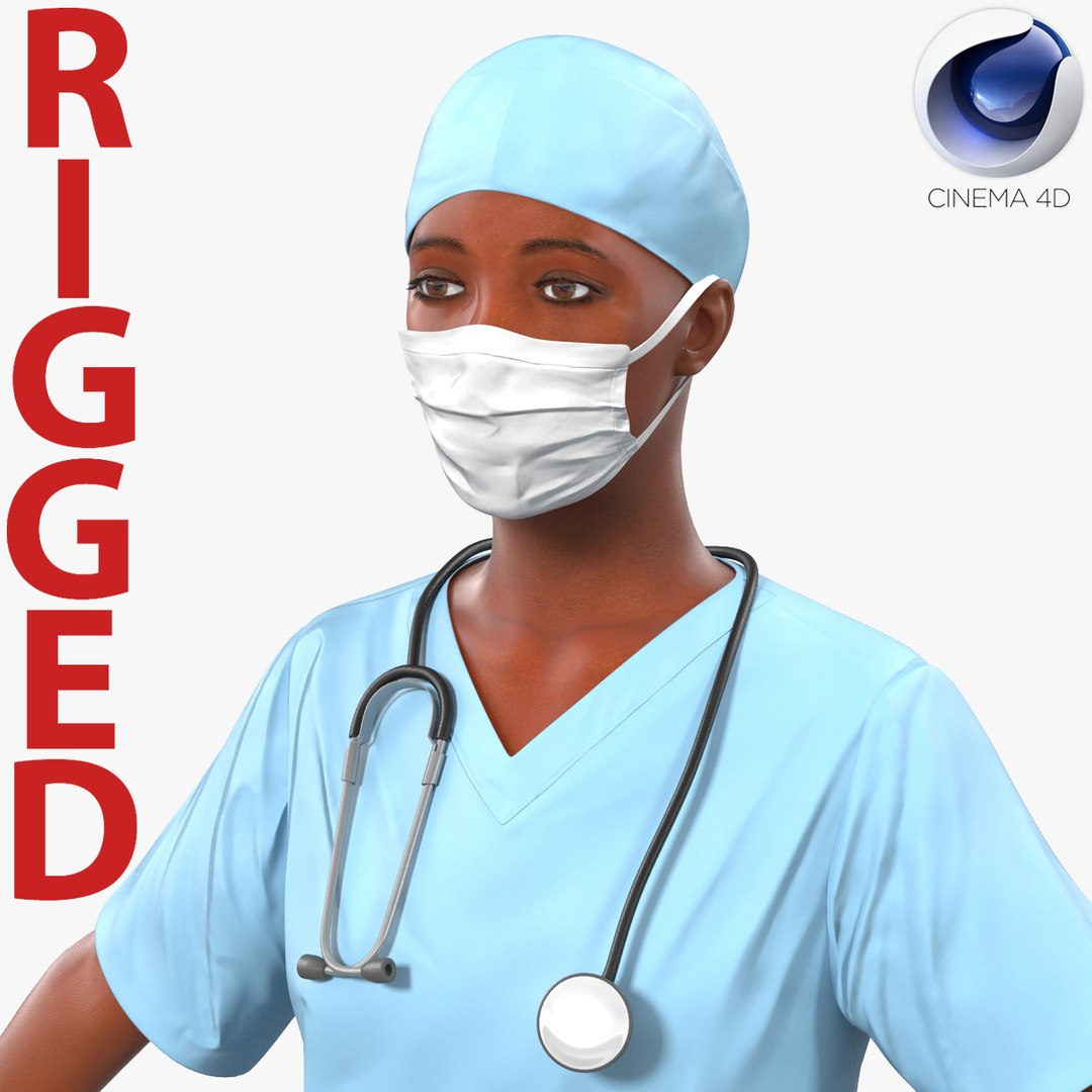 Female Surgeon African American Rigged for Cinema 4D 3D model preview