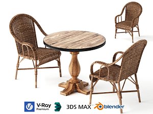 Rustic Round Wooden Bistro Table Rattan Armchair Set