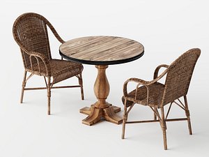 Rustic Round Wooden Bistro Table Rattan Armchair Set