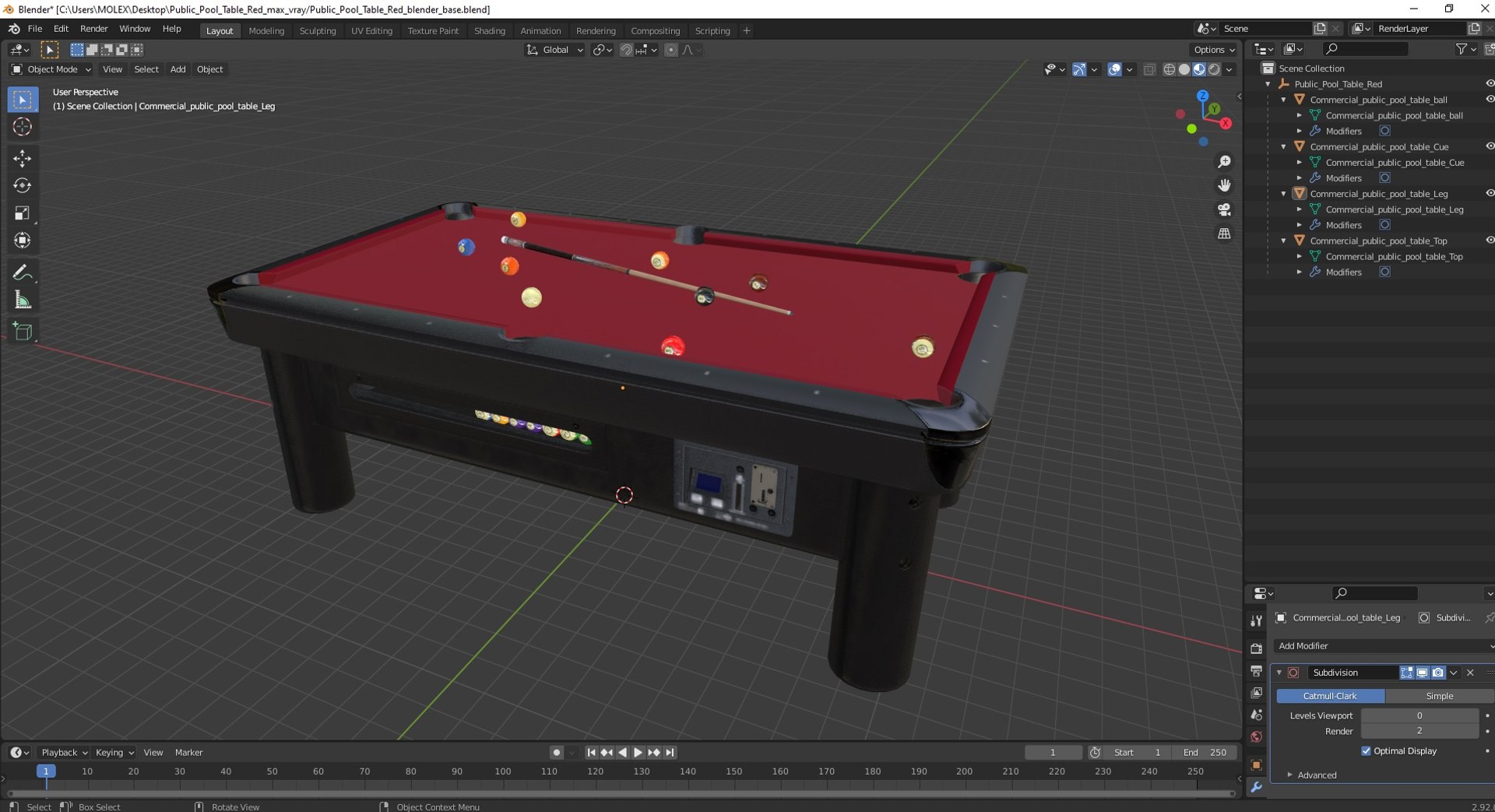 3D Model Public Pool Table Red - TurboSquid 2218459