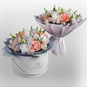 3D Two Bouquet of the flowers in white orange pink and blue colors