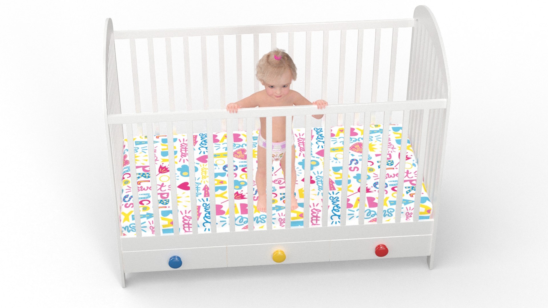 Baby Girl in Bed Standing Fur Rigged 3D model preview