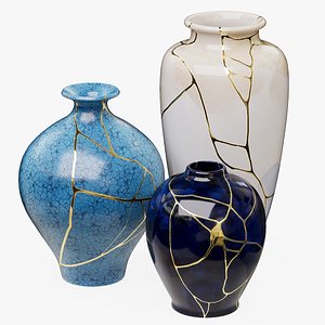 3D Set of blue Kintsugi vases model