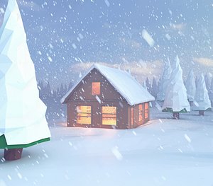 3D scene snowy house lake