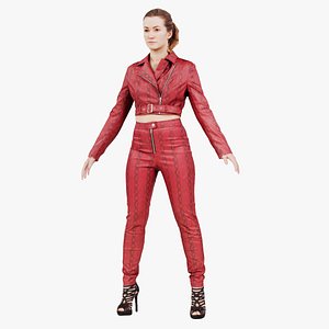 Woman in Heels and Red Leather Snake Print Costume Standard Pose Remastered 3D model