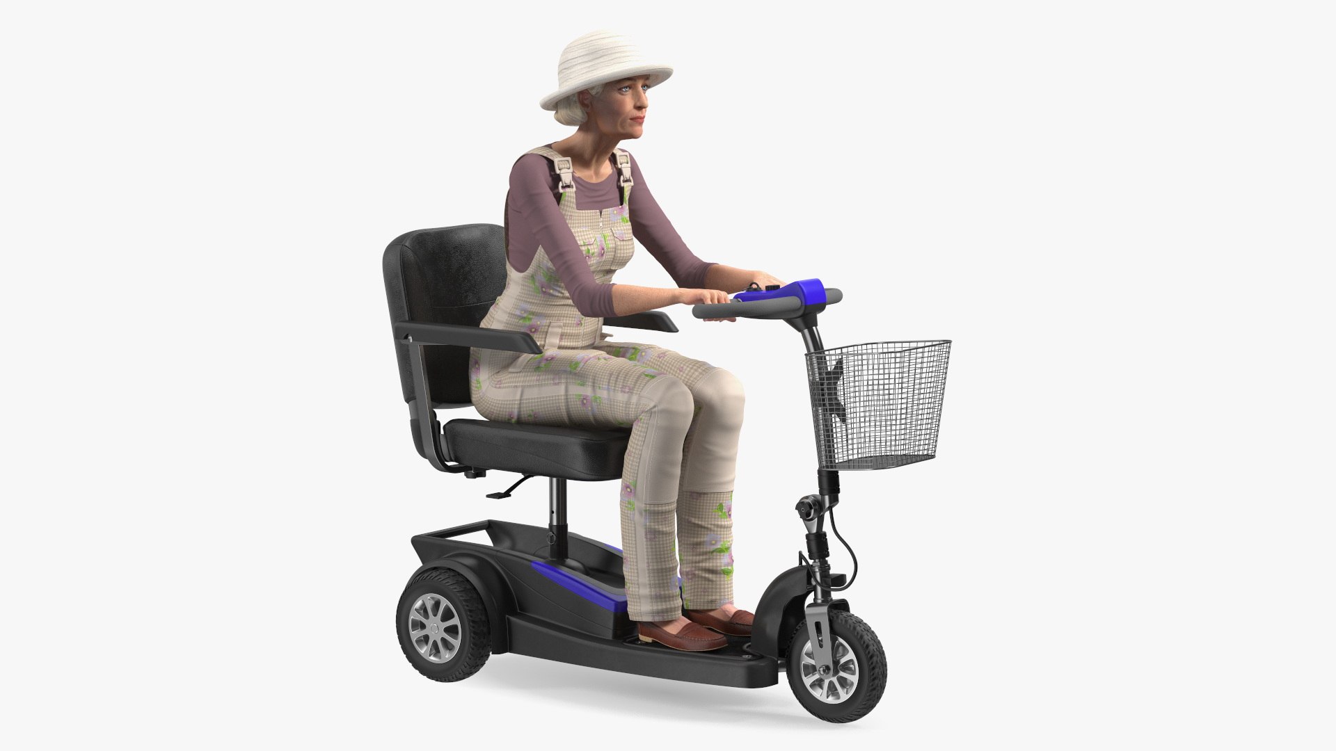 Elderly Woman on Electric Wheelchair Rigged for Maya 3D model preview