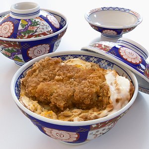 3D model Katsudon and Donburi bowl with lid - Japanese Pork Cutlet Rice Bowl