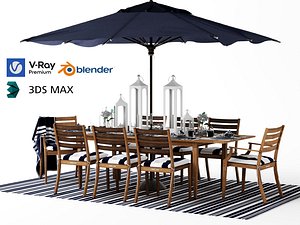 3D Modern Resort Outdoor Dining Table and Umbrella Set