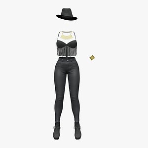 Black Cowgirl Style Fashion Outfit Hat Bracelet Top Pants Hat 3D model