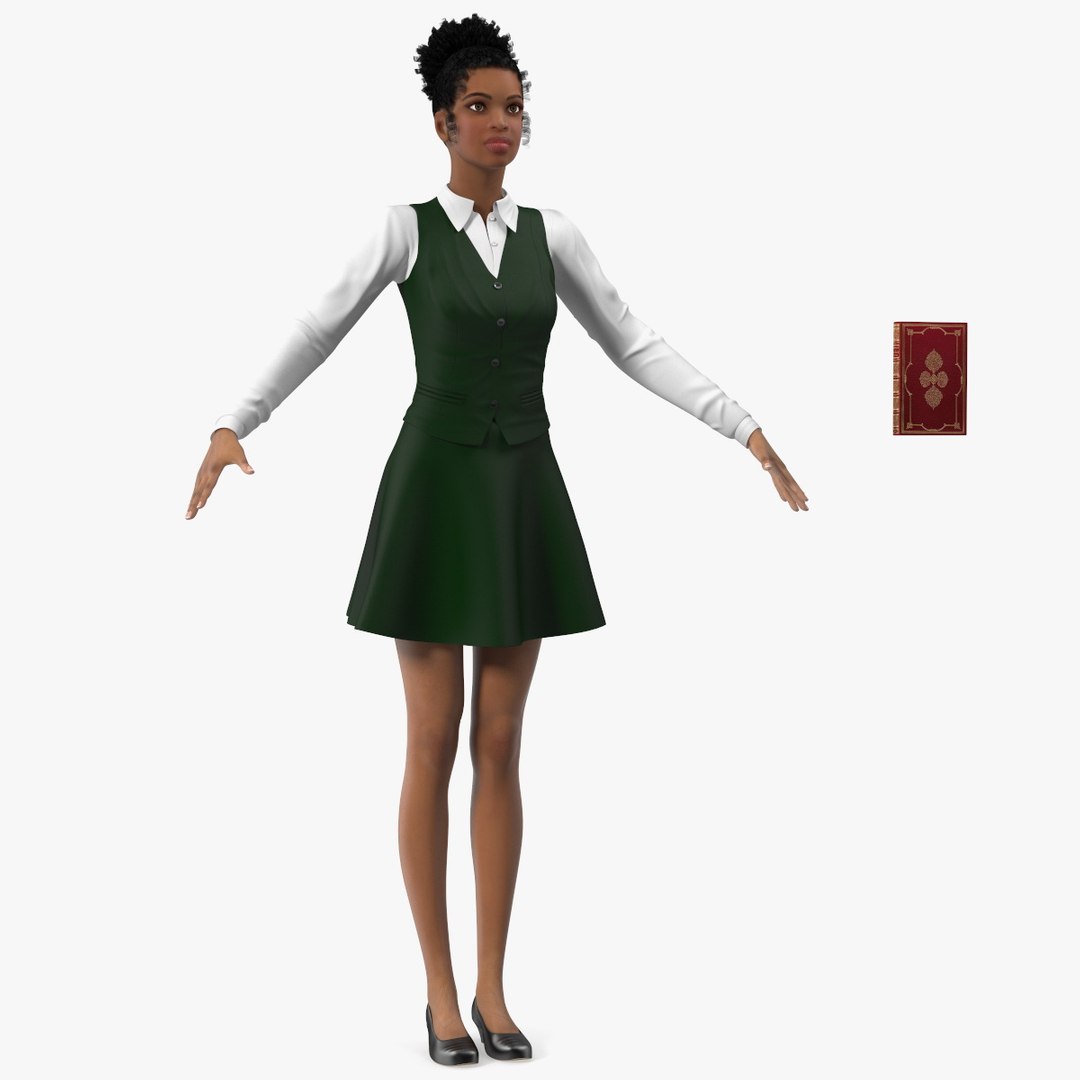 Light Skin Young Black Female Student T Pose 3D model preview