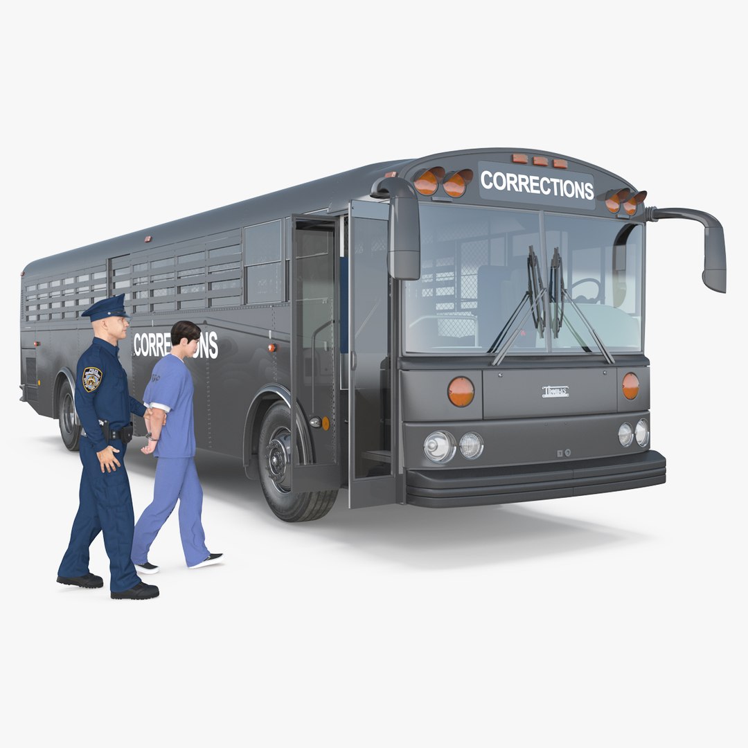 Officer and Asian Inmate with Prison Transport Bus