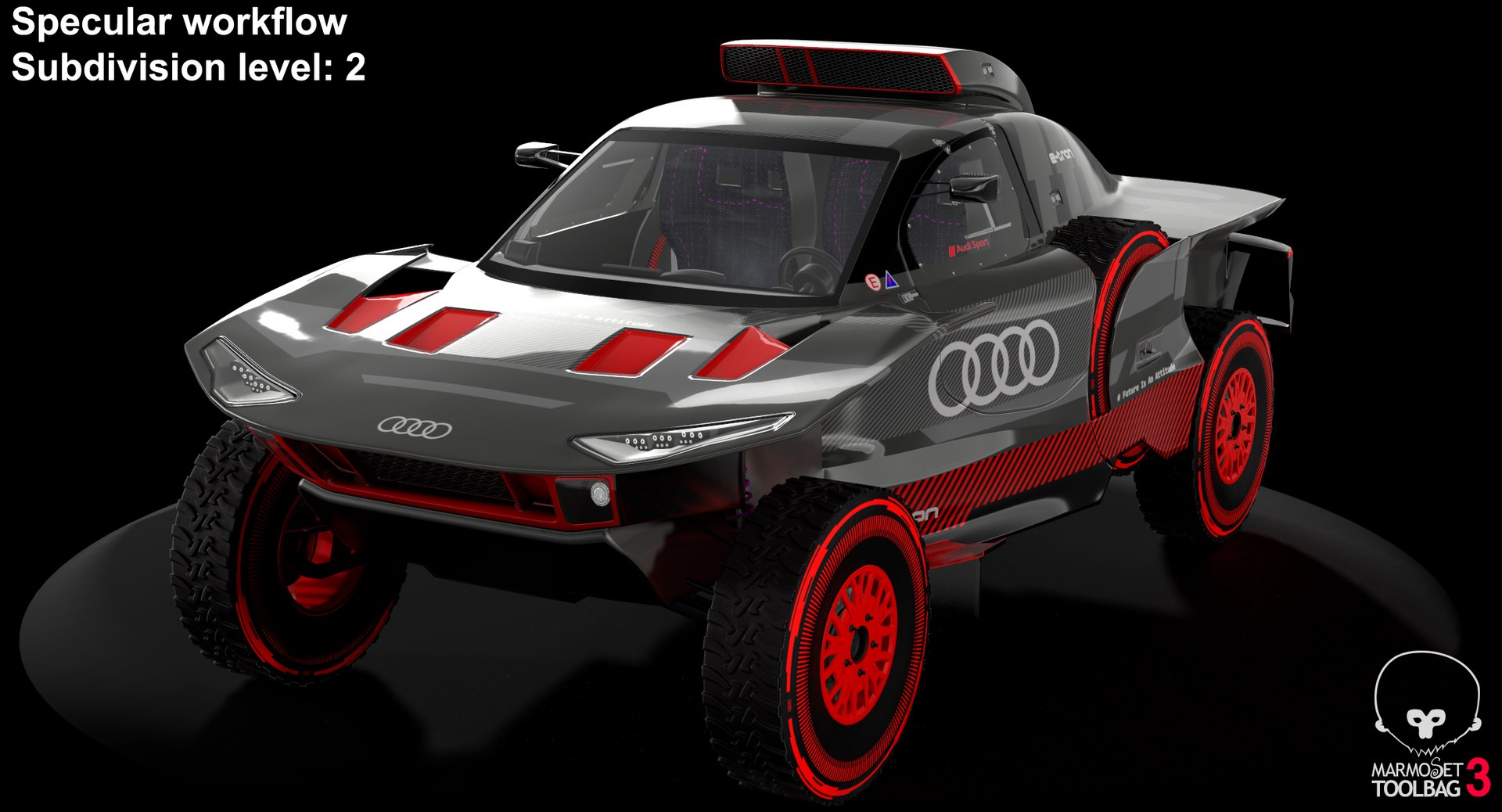 Audi RS Q e tron E2 Dakar Rally Electric OFF Road SUV model https://p.turbosquid.com/ts-thumb/bs/RpuKlx/50/screenshot004/png/1667225958/1920x1080/fit_q87/62898ef1540428724ea34bc2ca6565bc21469d4d/screenshot004.jpg