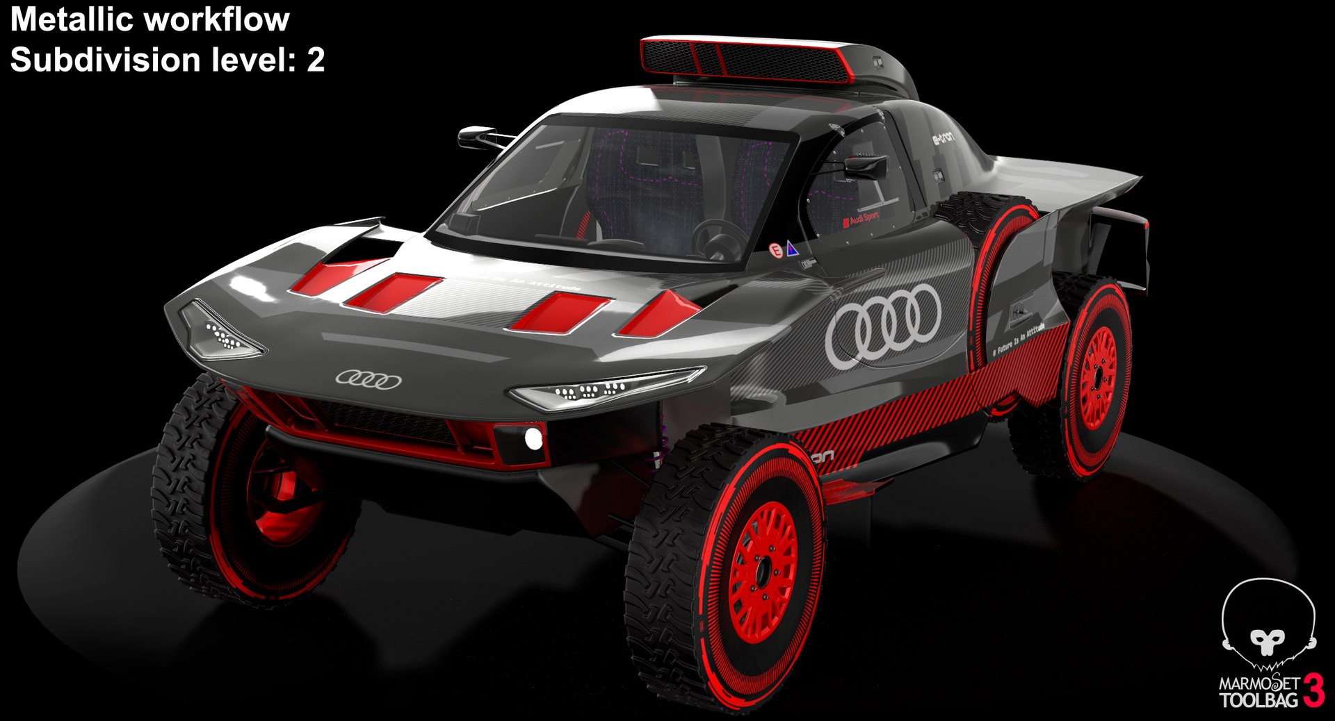 Audi RS Q e tron E2 Dakar Rally Electric OFF Road SUV model https://p.turbosquid.com/ts-thumb/bs/RpuKlx/z0/screenshot000/png/1667225758/1920x1080/fit_q87/9048ed4a8c049173225874d0cb69b45e498af909/screenshot000.jpg