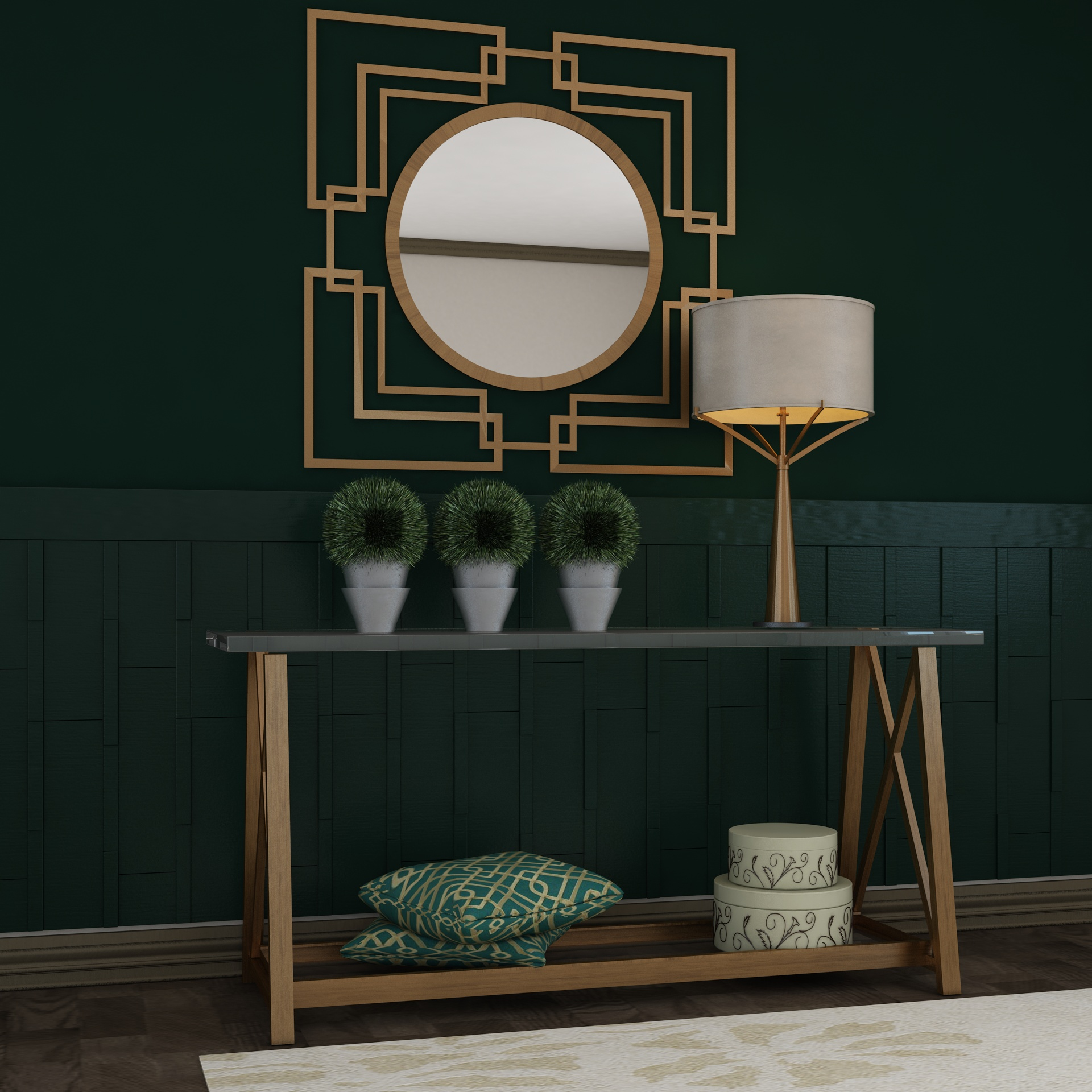 Living Room Wood Mirror Table Glass Metal Artdeco Set 3D model