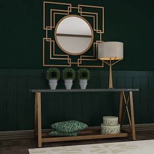 Living Room Wood Mirror Table Glass Metal Artdeco Set 3D model