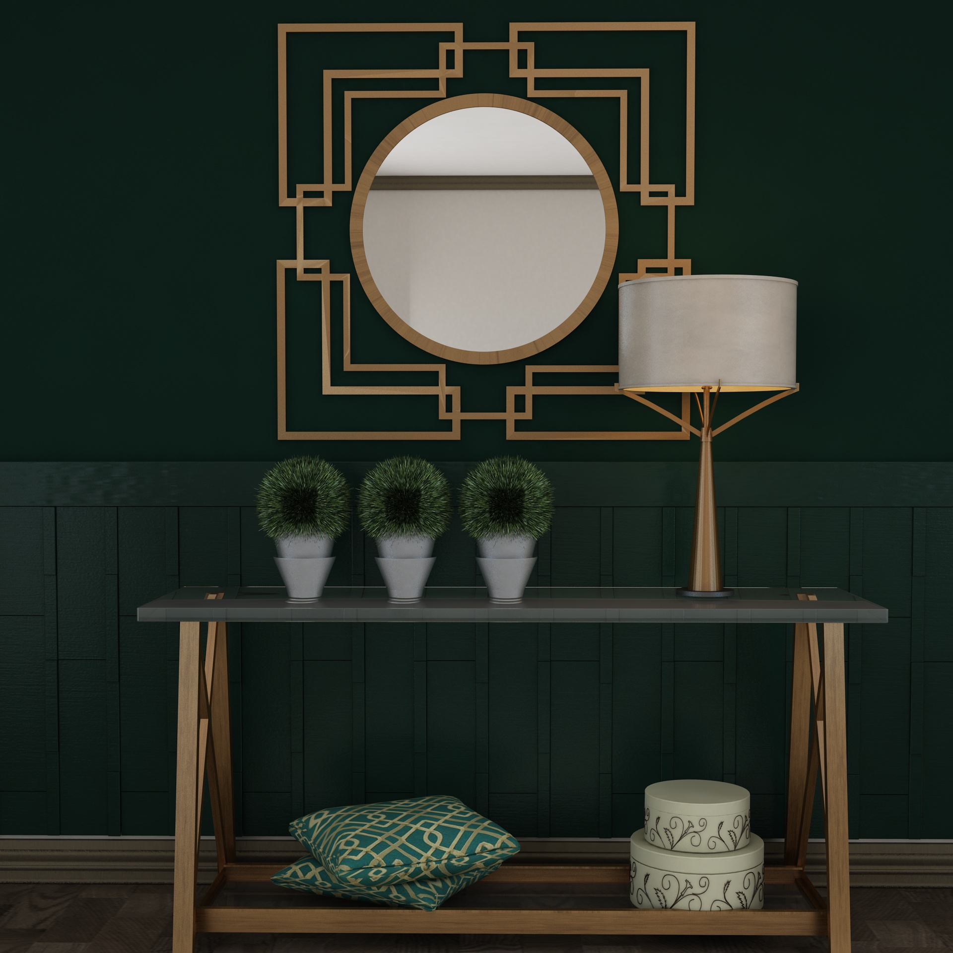 Living Room Wood Mirror Table Glass Metal Artdeco Set 3D model