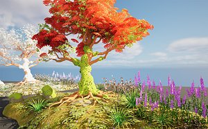 Fiery Flamboyant Trees Against a Greenery Hill