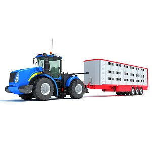 3D model Tractor with Animal Transporter Trailer
