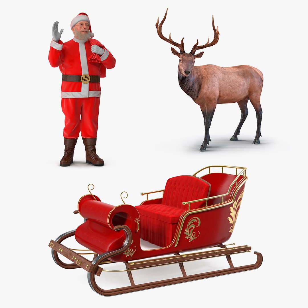 Santa Claus and Sleigh With Elk Collection 3D model preview