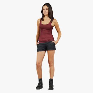 3D Woman in Red Top and Black Shorts Remastered