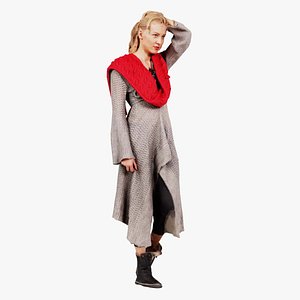 Blonde in Knit Grey Dress and Red Scarf Remastered model