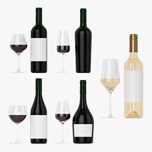 3D model Wine bottles with crystal glassware for mockup