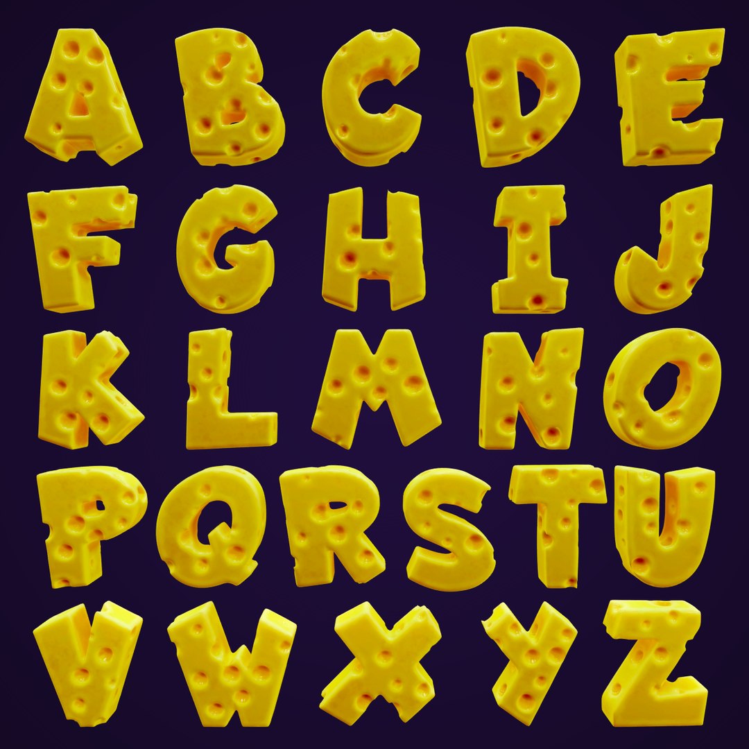 Cheese Alphabet Uppercase 3D https://p.turbosquid.com/ts-thumb/c1/OMFqE5/AF/uppercasesquareshadeddark/png/1689593933/1920x1080/fit_q87/00cd32423dcc785cd2c674db2590a083d09954e7/uppercasesquareshadeddark.jpg