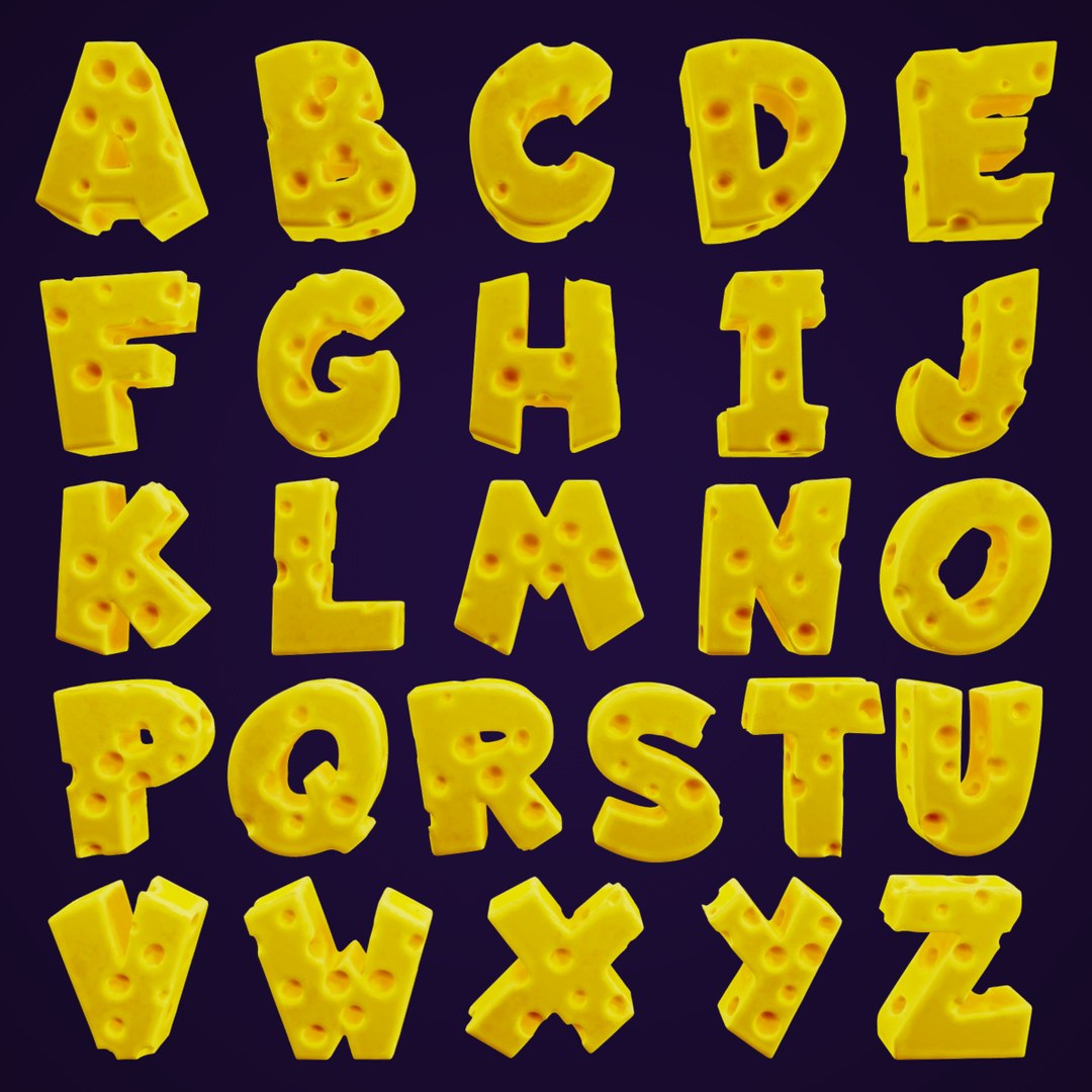 Cheese Alphabet Uppercase 3D https://p.turbosquid.com/ts-thumb/c1/OMFqE5/pA/uppercasesquareunlitdark/png/1689593933/1920x1080/fit_q87/d0b09a1bdf266791ec972d2e30523d52c85ad41c/uppercasesquareunlitdark.jpg