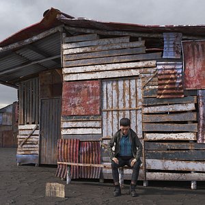 Rusty Sheet Metal Hut and Homeless Woman Rigged