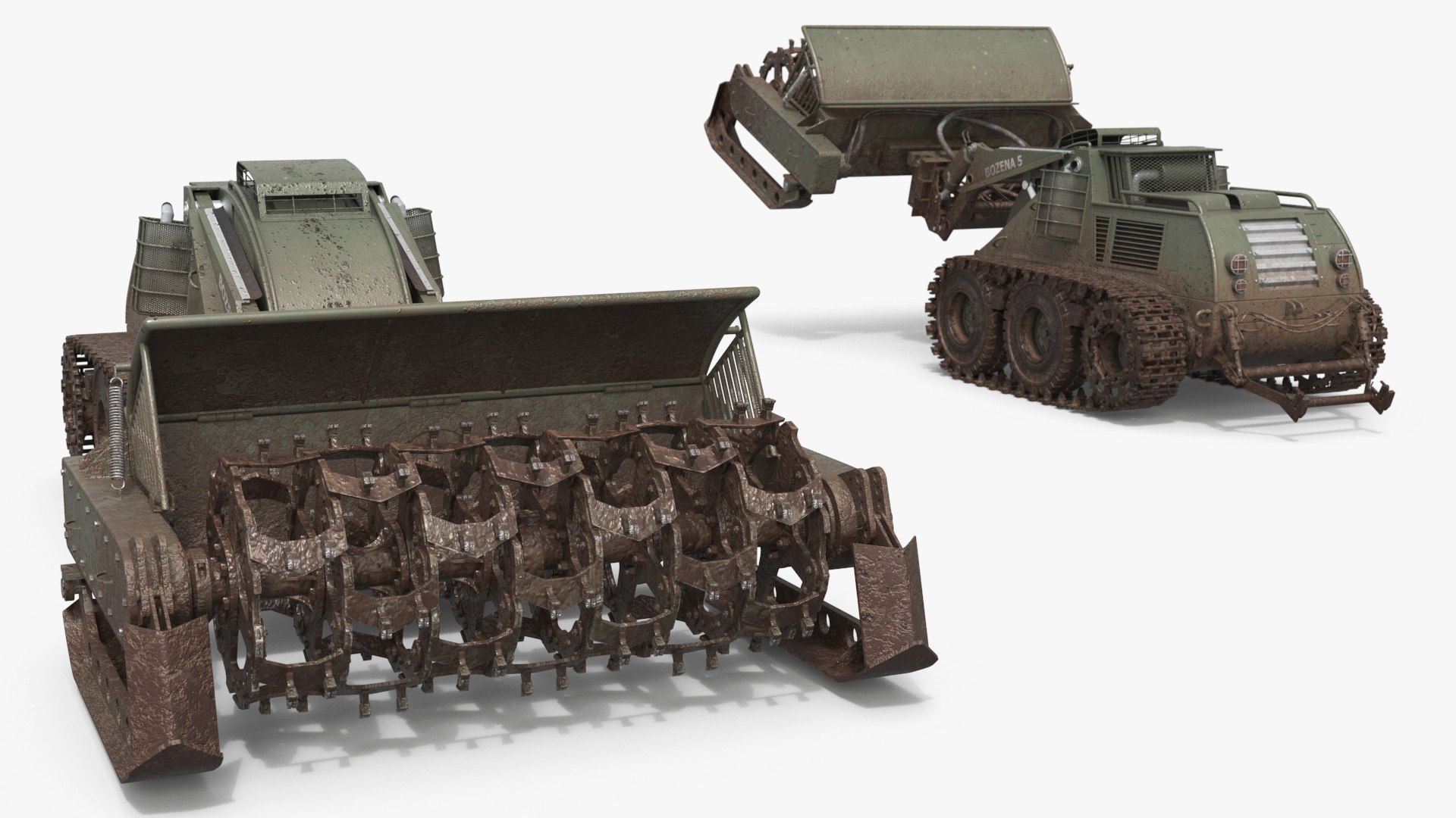 Bozena 5 Armored Flail Demining Robot Military Green Used Rigged for Maya 3D model preview