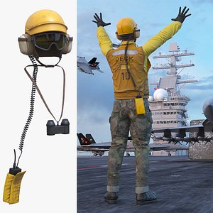 Deck Crew Safety Helmet with Mic and Receiver Yellow 3D