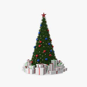 3D model Christmas Tree with White Gift Boxes and Red Star