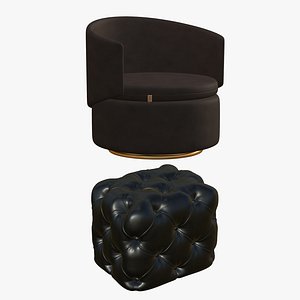 3D Realistic Leather Sofa Chair With Pouf Ottoman