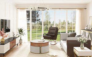 Modern American Style Luxury Living Room Full Interior Scene 3D model
