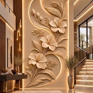 Modern Hibiscus Blossoms mural Relief Wall Panel STL CNC 110