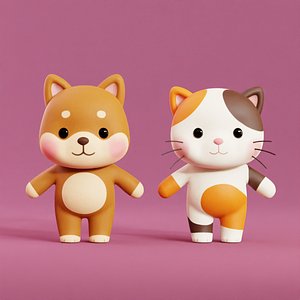 Cartoon Cat and Dog Shiba Chibi Kawaii Characters Animals Pack Low-poly 3D models model