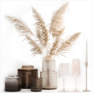 3D Bouquet Of Pampas Grass In A Glass Vase With Decor