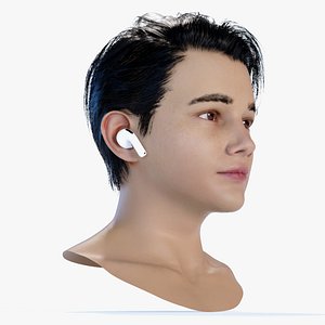 Young Boy Head with Apple AirPods 4 Wireless Headphones 3D