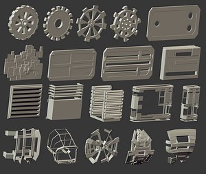 3D 110 Low-poly futuristic sci-fi mech robot or weapon shapes and parts kitbash IMM Zbrush brush set model