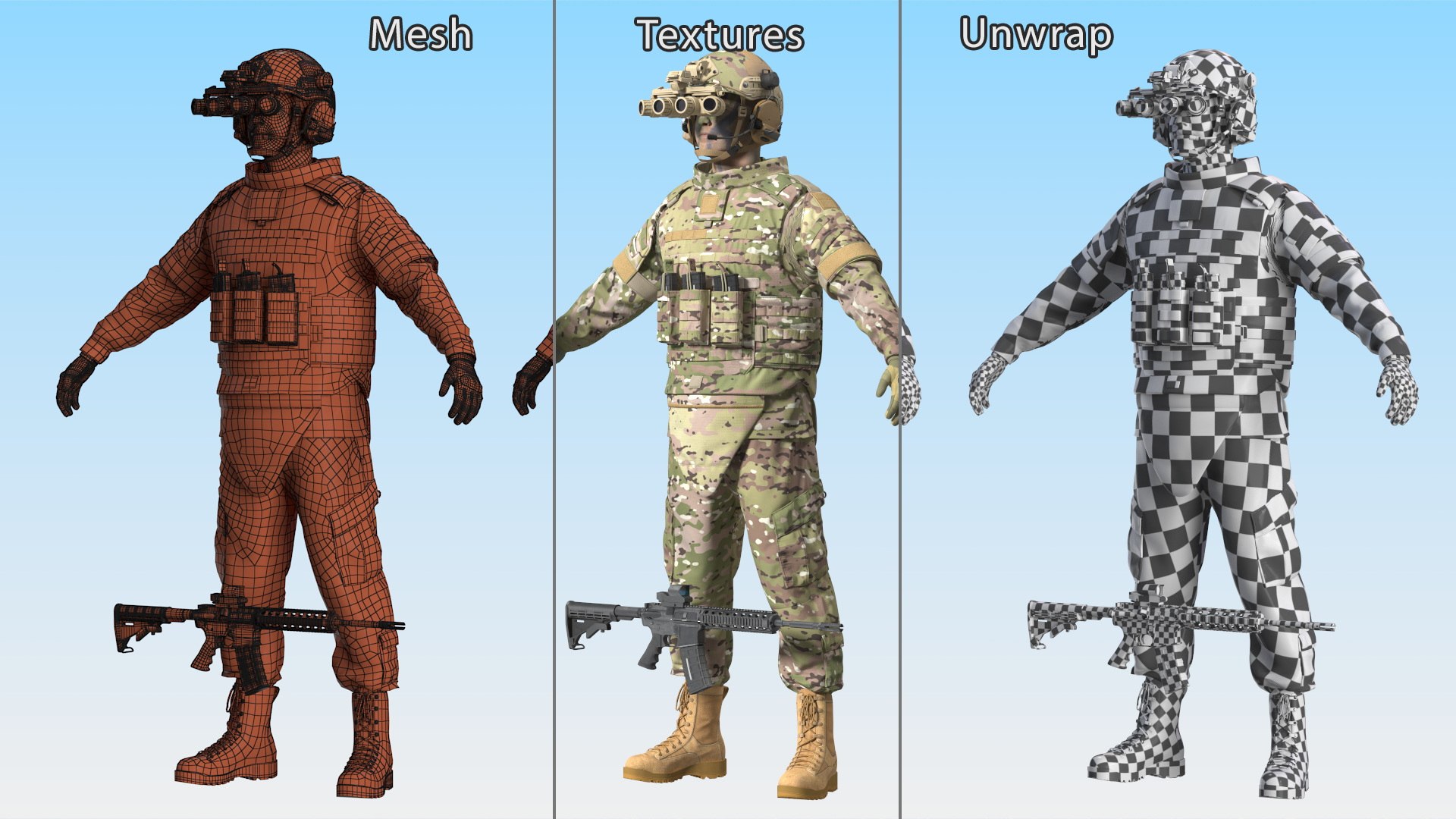 3D Military Soldier Green Camo with Night Visor A-pose model https://p.turbosquid.com/ts-thumb/c9/YjSb7v/QL/militarysoldiergreencamowithnightvisorapose3dsmodel017/jpg/1724173108/1920x1080/fit_q87/7c2ce26c5f7cad891e03254aec893e3c70c0d91f/militarysoldiergreencamowithnightvisorapose3dsmodel017.jpg