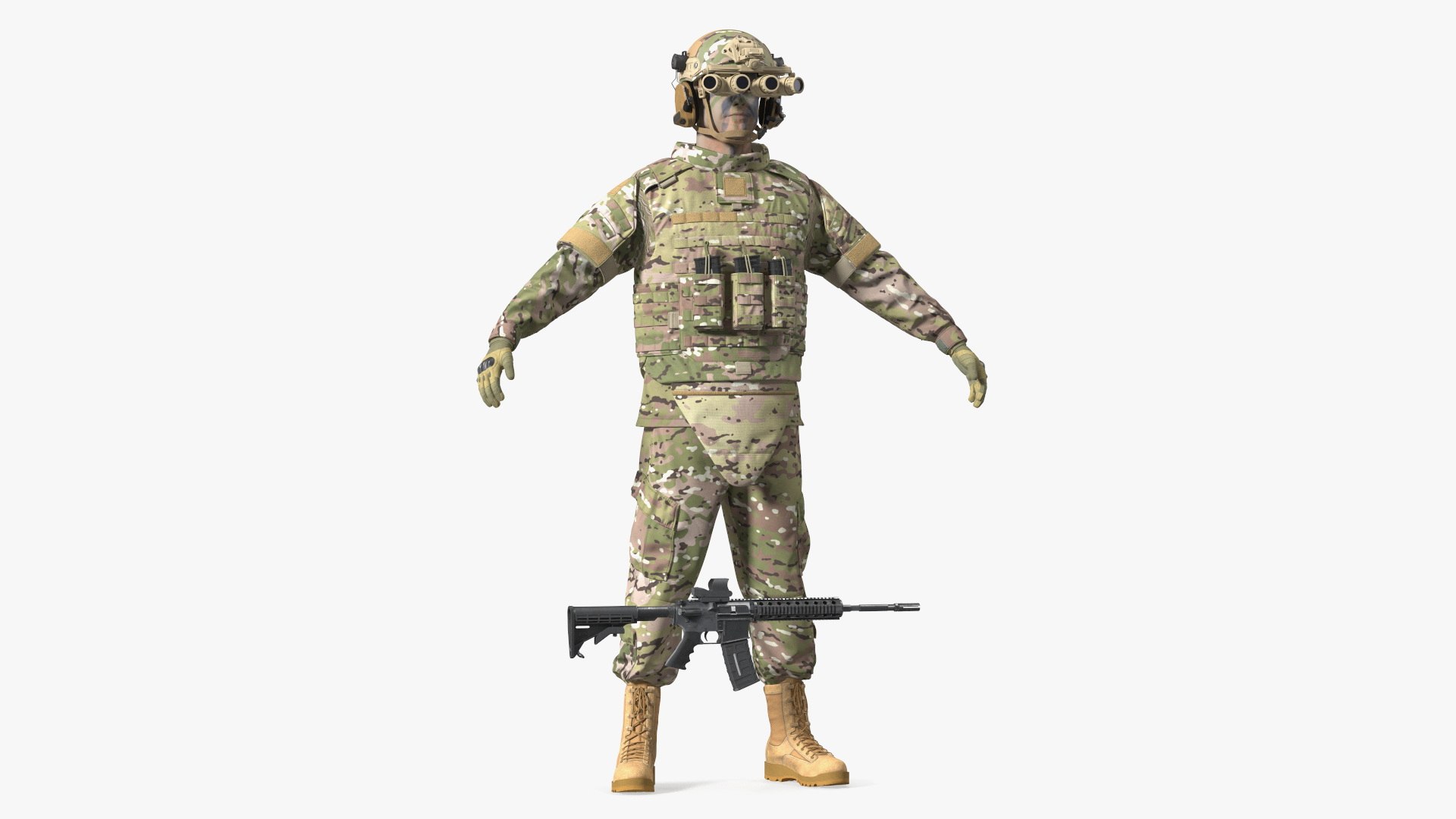 Military Soldier Green Camo with Night Visor A-pose 3D model preview
