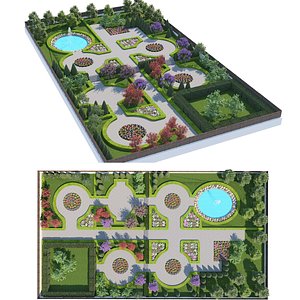 3D European Style Formal Landscape with Hedges and Trees