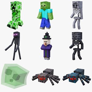 3D Minecraft 9 Hostile Mobs Collection Rigged 3D Model Pack 4K PBR model