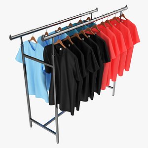 Store double bar rack with clothes 3D