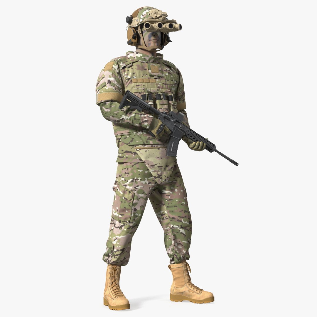 Soldier in Night Vision Goggles Green Camo Standing Fur 3D model preview