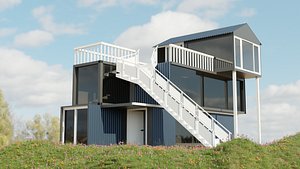 Modern Ship Container House with Outside Stair and Glass 3D model