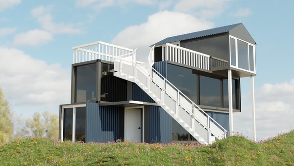 3D модель Modern Ship Container House with Outside Stair and Glass ...