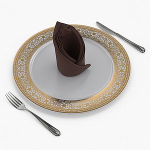 Dinner Plate Setting with Folded Napkin Brown 3D model