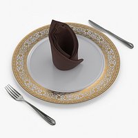 Dinner Plate Setting with Folded Napkin Brown
