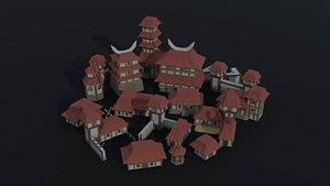Low-poly Cartoon asian city asset Polygonal Style